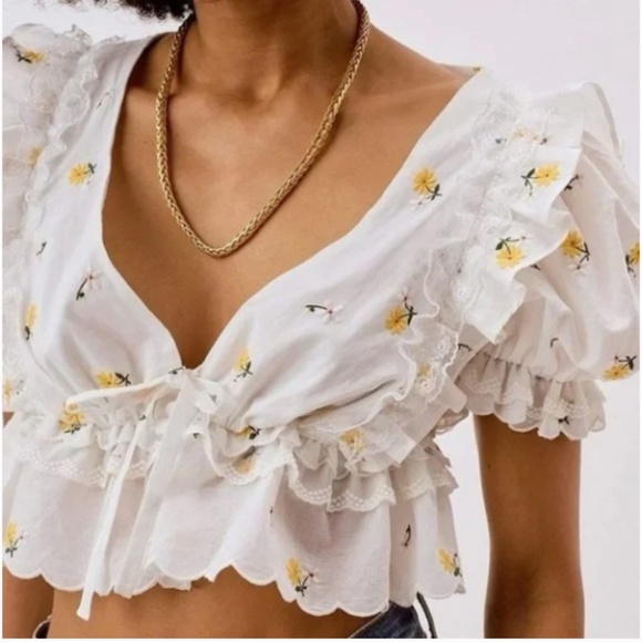 FOR LOVE AND LEMONS WOMENS SHELBY CROPPED TIE FRONT TOP DAISY PRINT SZ MEDIUM - Picture 1 of 10